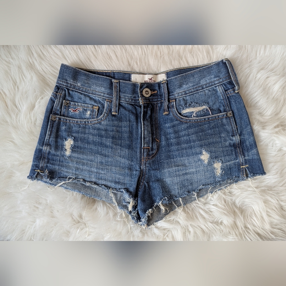 Hollister Distressed Dark Wash Shorts Mid Rise Cut Off 1/W25